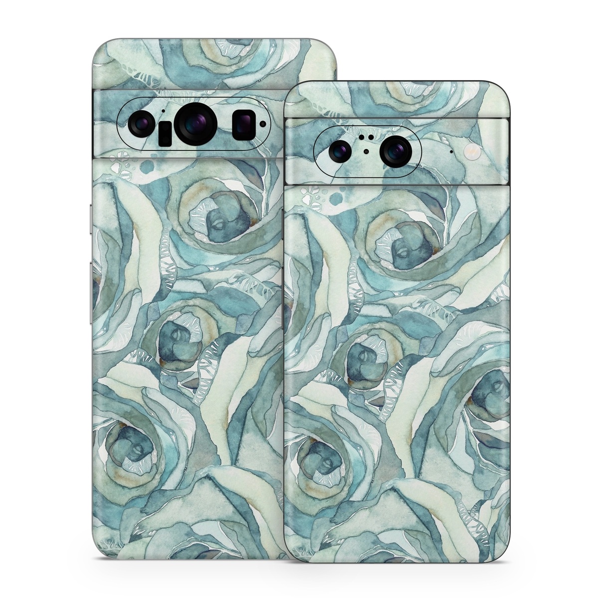 Google Pixel 8 Series Skin design of Rose, Garden roses, Blue, Flower, Rose family, Watercolor paint, Plant, Pattern, Rosa × centifolia, Blue rose, with blue, green colors