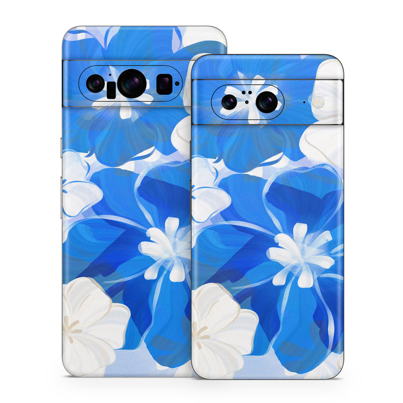 Google Pixel 8 Series Skin design of Blue, Flower, Petal, Creative arts, Graphics, Floral design, Watercolor painting, Modern art, Hydrangea, Malvales, with blue, white colors