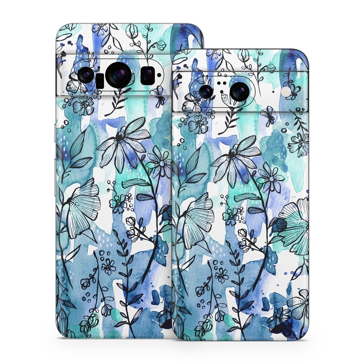 Google Pixel 8 Series Skin design of Blue, Pattern, Turquoise, Aqua, Design, Textile, Wildflower, Plant, Wrapping paper, Gift wrapping, with blue, white, black, purple colors