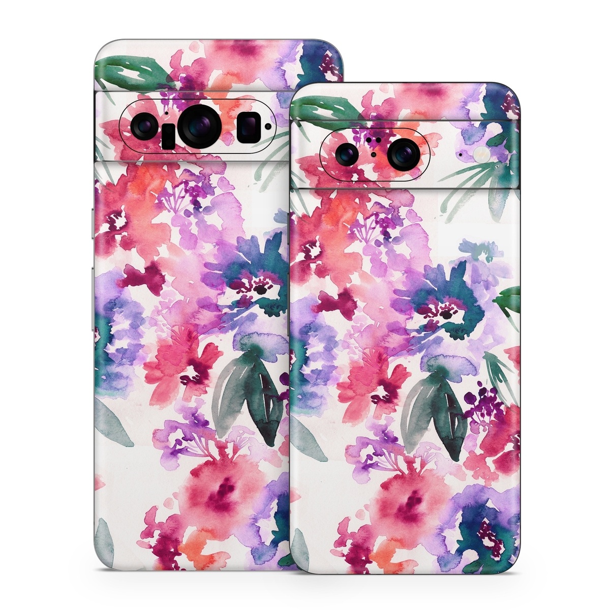 Google Pixel 8 Series Skin design of Purple, Pattern, Pink, Lilac, Violet, Flower, Watercolor paint, Floral design, Plant, Design, with green, pink, red, purple, white colors