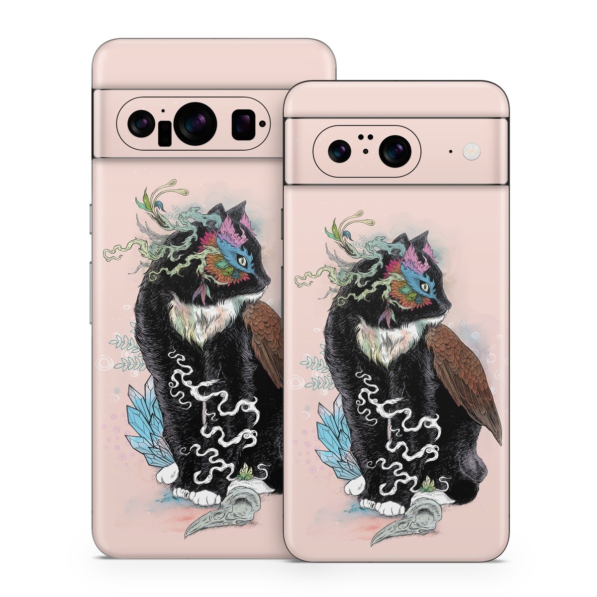 Google Pixel 8 Series Skin design of Illustration, Owl, Art, Graphic design, Cat, Tail, with pink, black, brown, red, green colors
