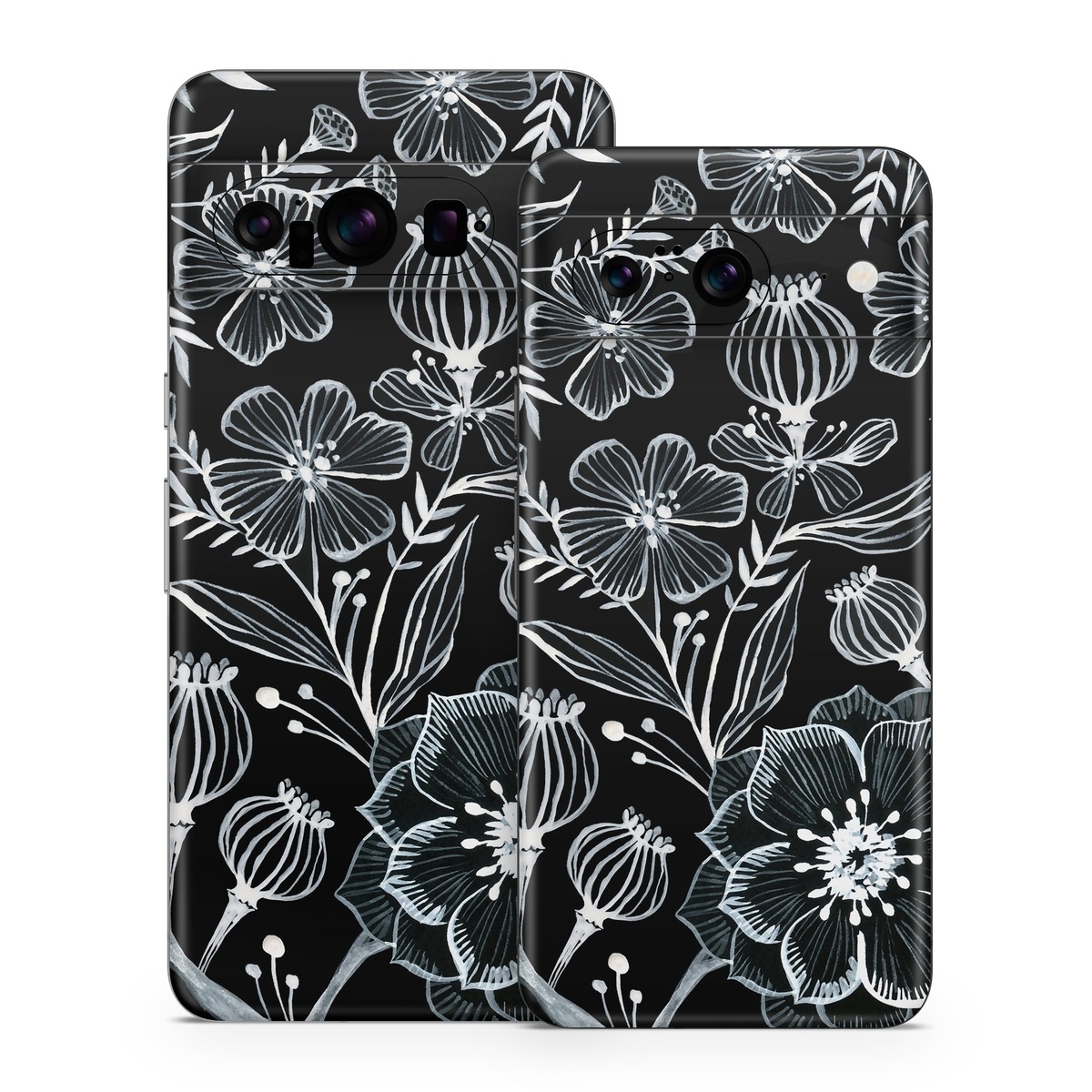 Google Pixel 8 Series Skin design of Pattern, Black-and-white, Flower, Monochrome photography, Plant, Design, Monochrome, Botany, Wildflower, Visual arts, with black, white colors