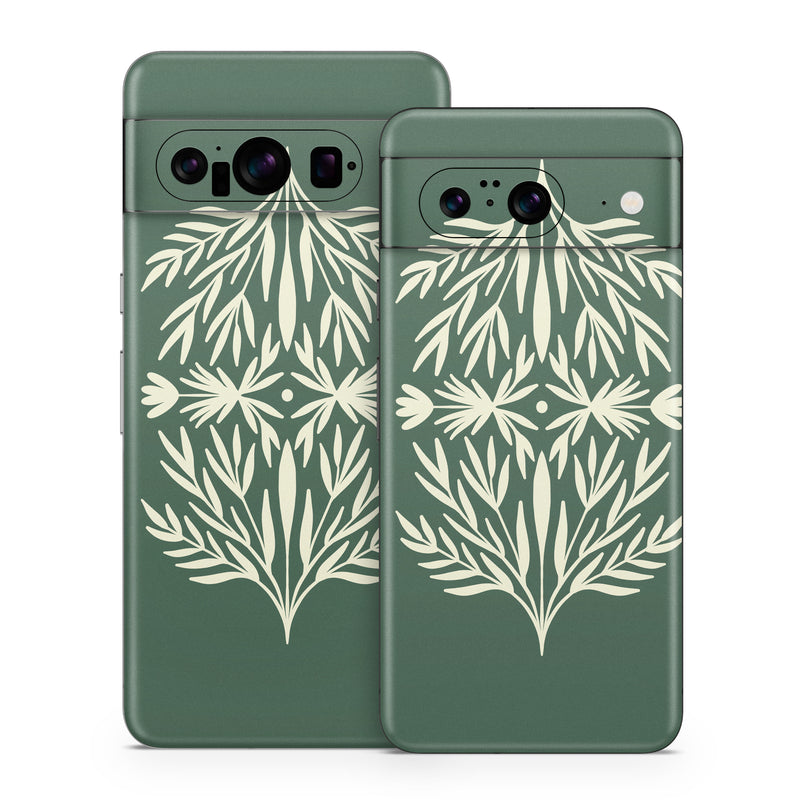 Google Pixel 8 Series Skin design of Plant, Terrestrial plant, Art, Triangle, Symmetry, Pattern, Electric blue, Graphics, Grass, Visual arts, with green, white colors