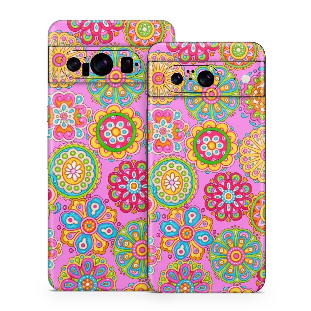 Google Pixel 8 Series Skin design of Pattern, Design, Textile, Visual arts, Wrapping paper, Motif, Pedicel, with pink, red, orange, yellow, green, blue, purple colors