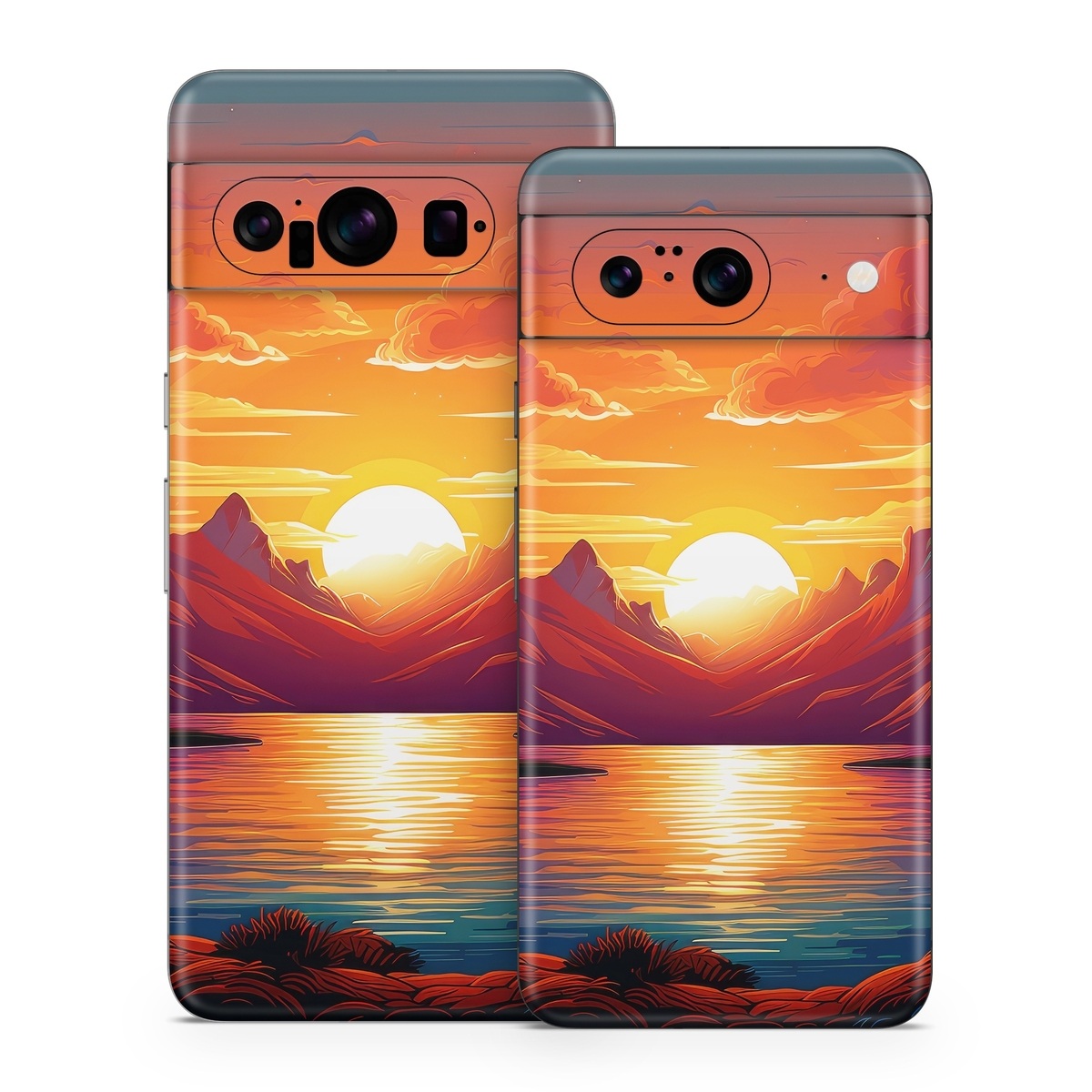 Google Pixel 8 Series Skin design of Water, Cloud, Sky, Ecoregion, Afterglow, Light, World, Nature, Natural landscape, Mountain, with red, orange, yellow, blue, purple colors
