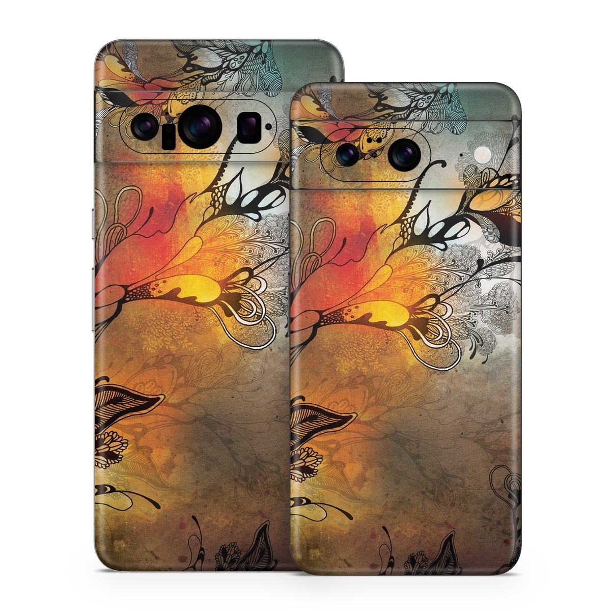 Google Pixel 8 Series Skin design of Yellow, Orange, Art, Branch, Leaf, Graphic design, Visual arts, Pattern, Design, Modern art, with black, red, orange, yellow colors