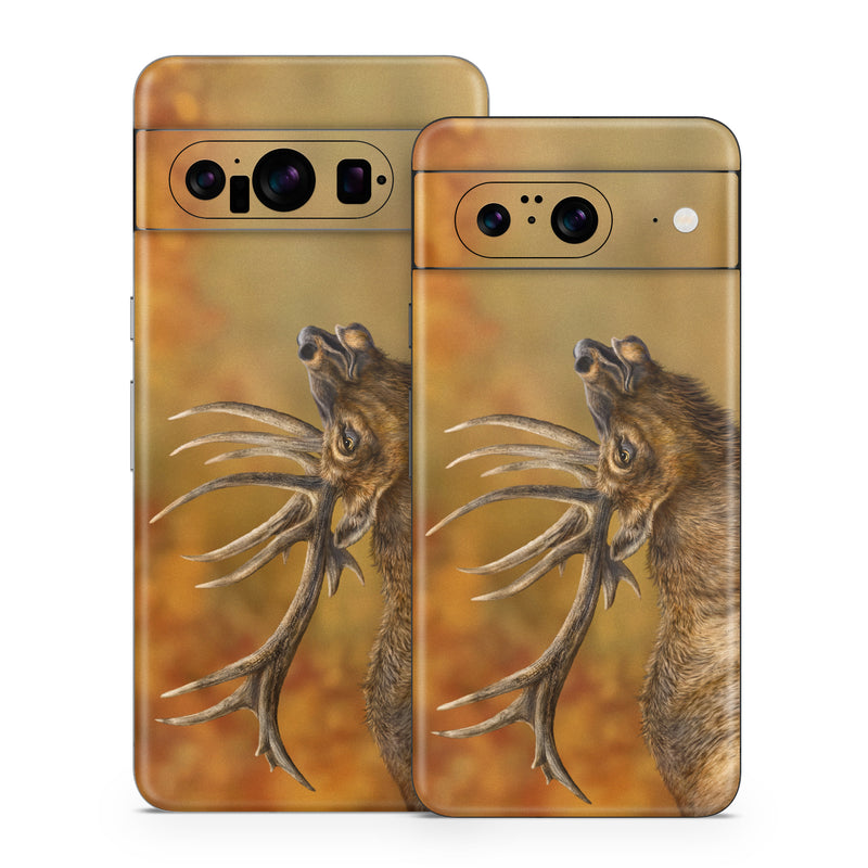 Google Pixel 8 Series Skin design of Head, Deer, Natural material, Barren ground Caribou, Fawn, Terrestrial animal, Horn, Elk, Snout, Reindeer, with brown, black, orange, yellow, gray colors