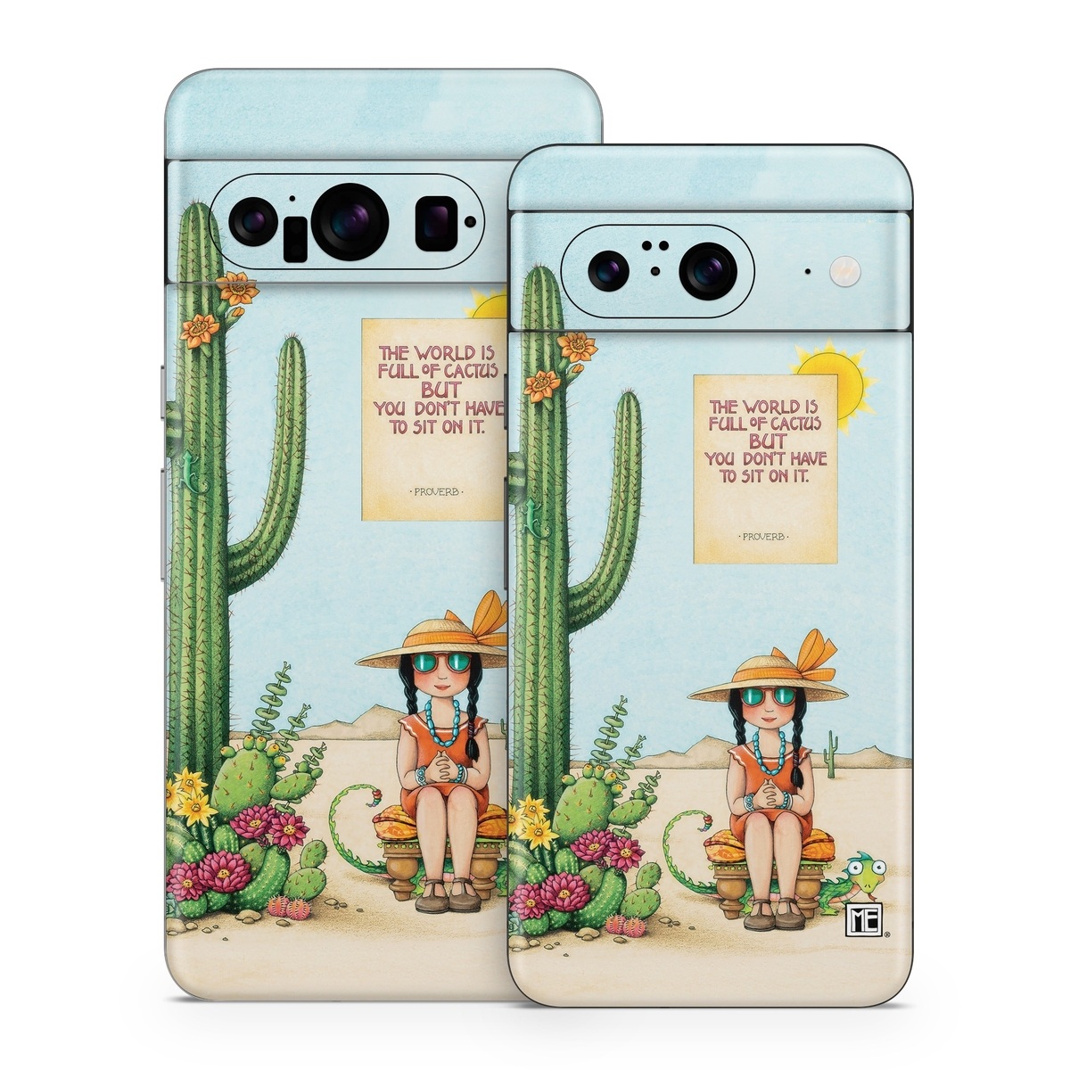 Google Pixel 8 Series Skin design of Cartoon, Cactus, Illustration, Animated cartoon, Plant, Vegetable, Fictional character, Art, with green, yellow, pink, orange, brown colors