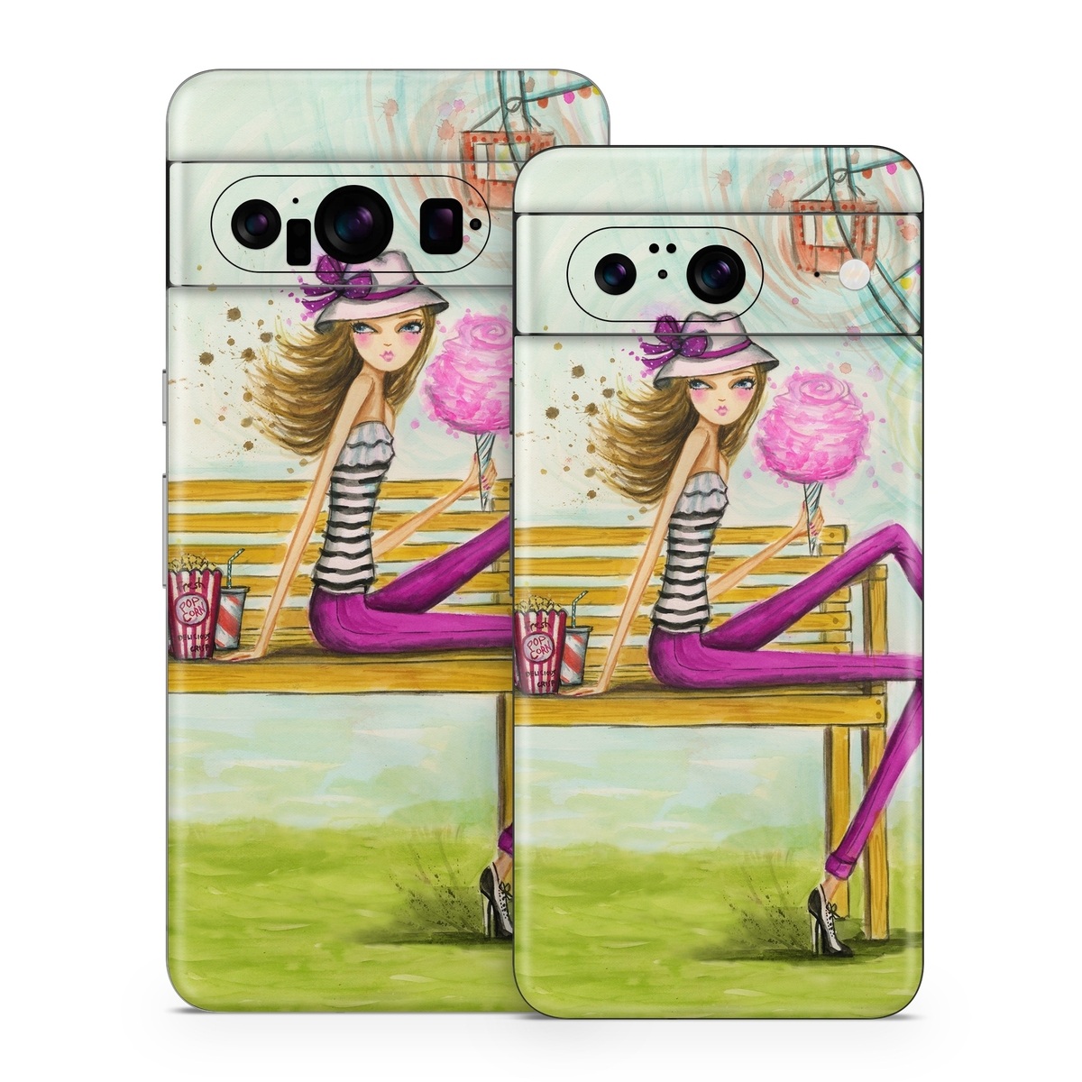 Google Pixel 8 Series Skin design of Illustration, Fashion illustration, Art, Sitting, Watercolor paint, Plant, Graphic design, Style, Painting, with green, yellow, blue, pink, purple, black, white, orange colors