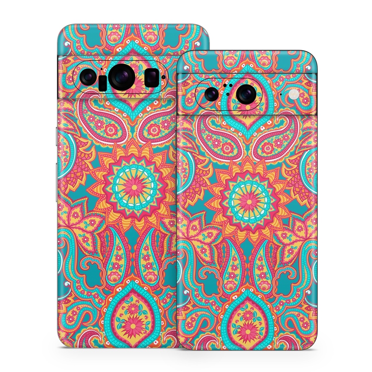 Google Pixel 8 Series Skin design of Pattern, Paisley, Motif, Visual arts, Design, Art, Textile, Psychedelic art, with orange, yellow, blue, red colors