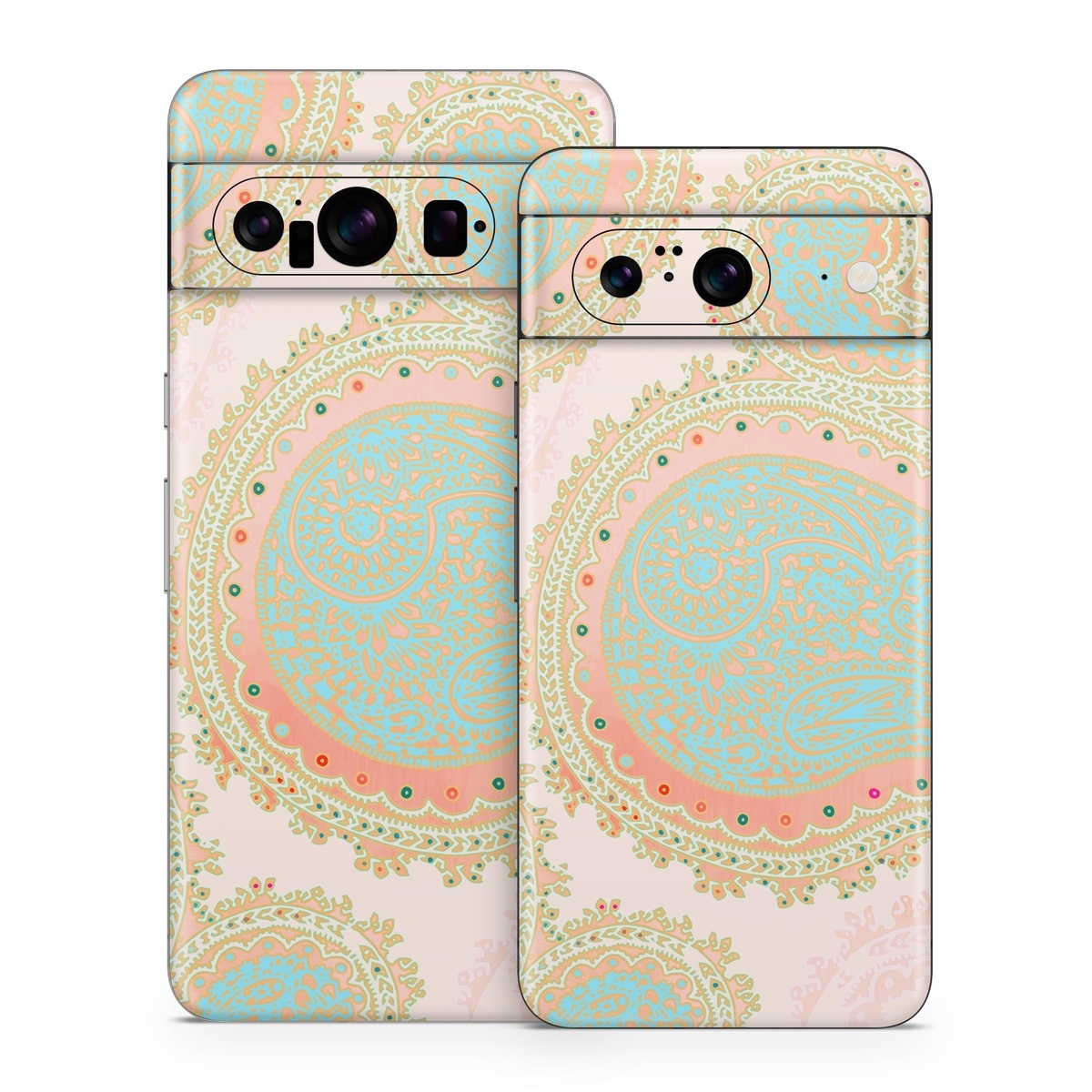 Google Pixel 8 Series Skin design of Pattern, Visual arts, Paisley, Pink, Design, Motif, Line, Wallpaper, Peach, with pink, blue, red colors