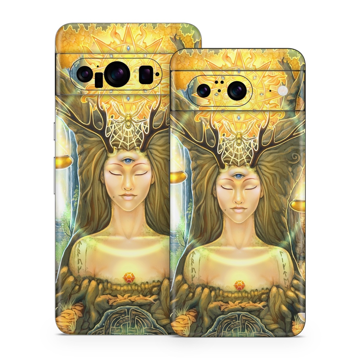 Google Pixel 8 Series Skin design of Painting, Art, Illustration, Plant, Fictional character, Mythology, Cg artwork, Visual arts, Glass, Drawing, with yellow, green, brown, pink, orange, black colors