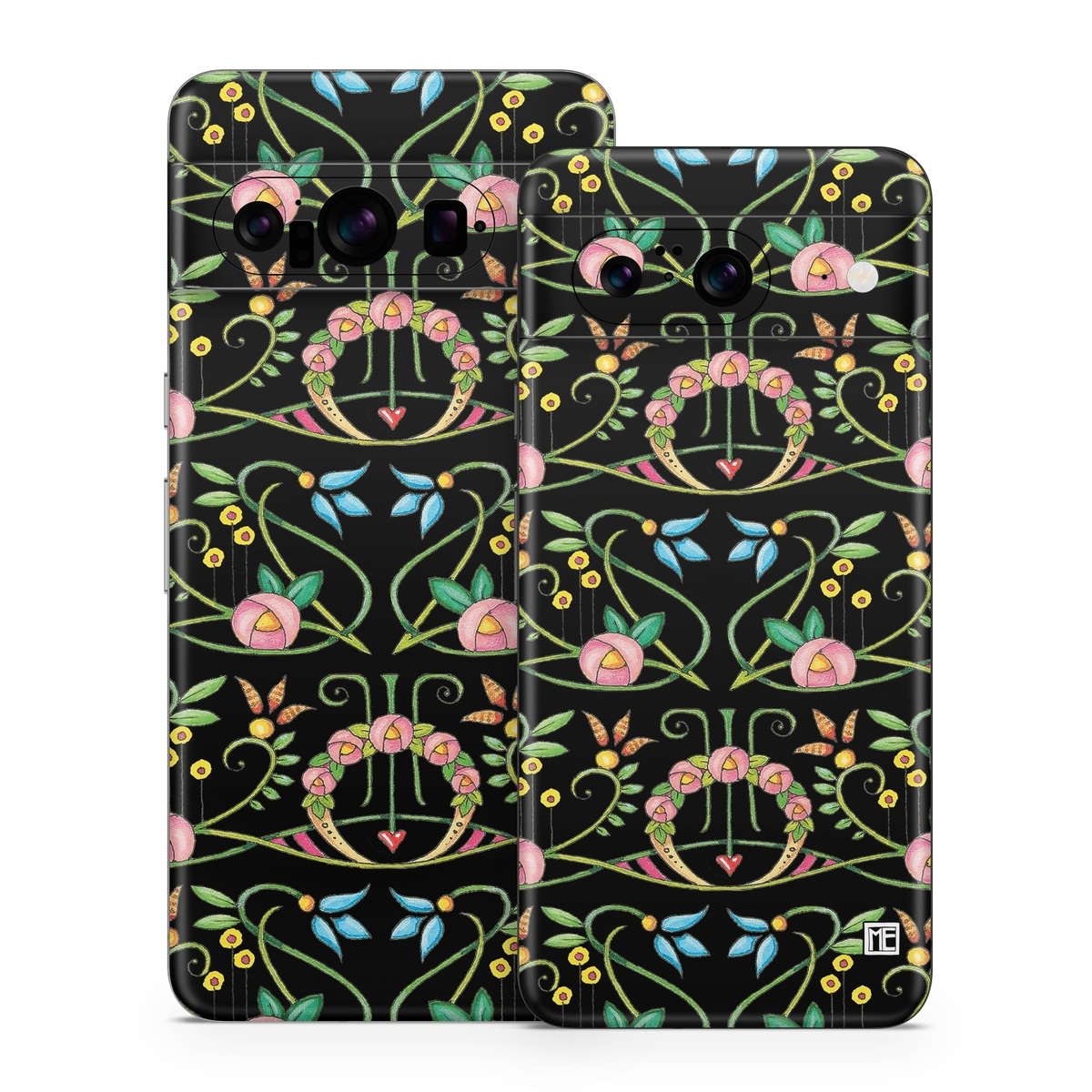 Google Pixel 8 Series Skin design of Flower, Rectangle, Textile, Ornament, Plant, Line, Motif, Creative arts, Art, Pattern, with black, pink, blue, green, yellow colors