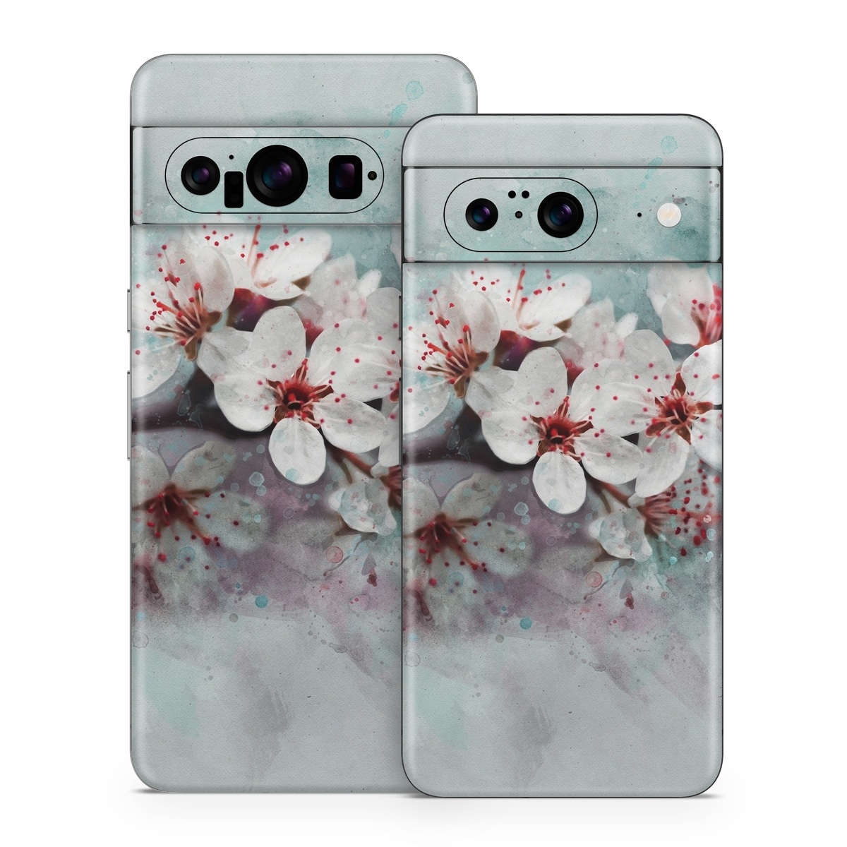 Google Pixel 8 Series Skin design of Blossom, Flower, Cherry blossom, Watercolor paint, Plant, Spring, Pink, Petal, Branch, Painting, with white, gray, red, pink, purple, blue colors
