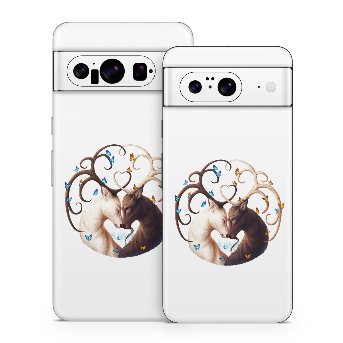 Google Pixel 8 Series Skin design of Gesture, Fawn, Serveware, Horn, Font, Art, Mythical creature, Dishware, Tail, Drinkware, with white, brown, blue, yellow, orange colors