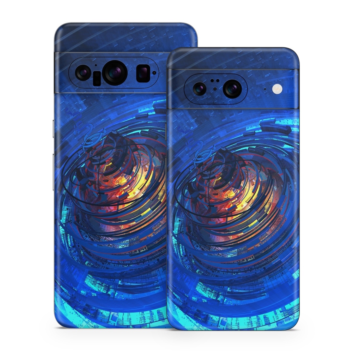 Google Pixel 8 Series Skin design of Blue, Water, Circle, Vortex, Electric blue, Wave, Liquid, Graphics, Pattern, Colorfulness, with blue, orange, yellow colors
