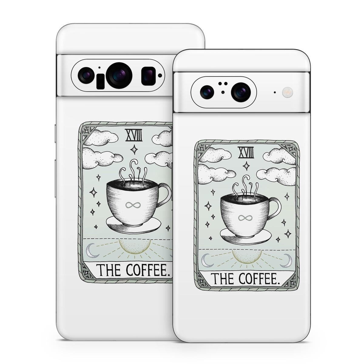 Google Pixel 8 Series Skin design of Cup, Cartoon, Drinkware, Coffee cup, Tableware, Teacup, Illustration, Drink, Line art, with white, black, green, gray, yellow colors