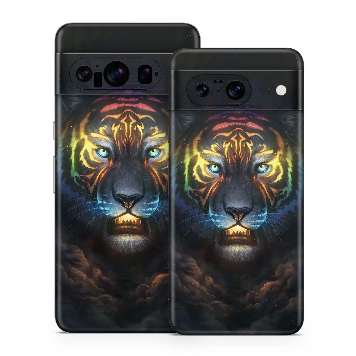 Google Pixel 8 Series Skin design of Felidae, Vertebrate, Carnivore, Organism, Painting, Roar, Bengal tiger, Big cats, Art, Whiskers, with black, yellow, orange, red, green, purple, blue colors