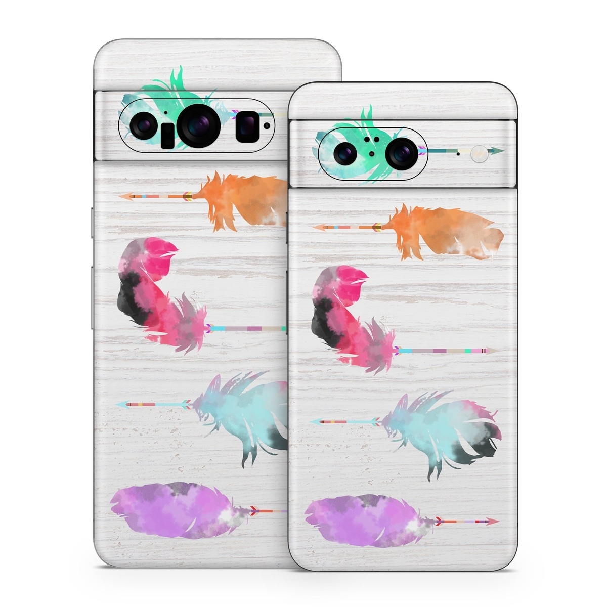 Google Pixel 8 Series Skin design of Pink, Watercolor paint, Illustration, Feather, Design, Art, Painting, Graphic design, Visual arts, Drawing, with white, orange, red, blue, pink, purple, green colors