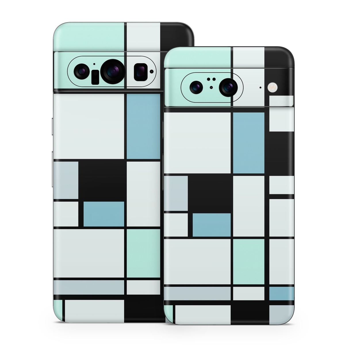 Google Pixel 8 Series Skin design of Blue, Line, Turquoise, Pattern, Rectangle, Design, Parallel, Square, Symmetry, Tints and shades, with black, blue, green colors