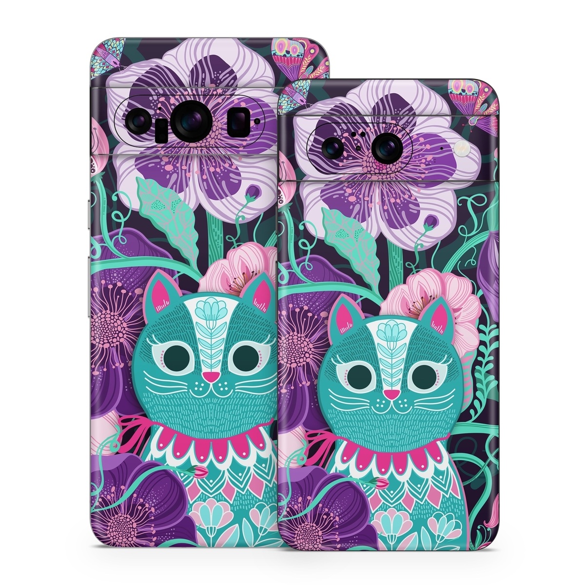 Google Pixel 8 Series Skin design of Botany, Purple, Textile, Organism, Pink, Art, Painting, Font, Creative arts, Magenta, with black, blue, pink, purple, green, red colors