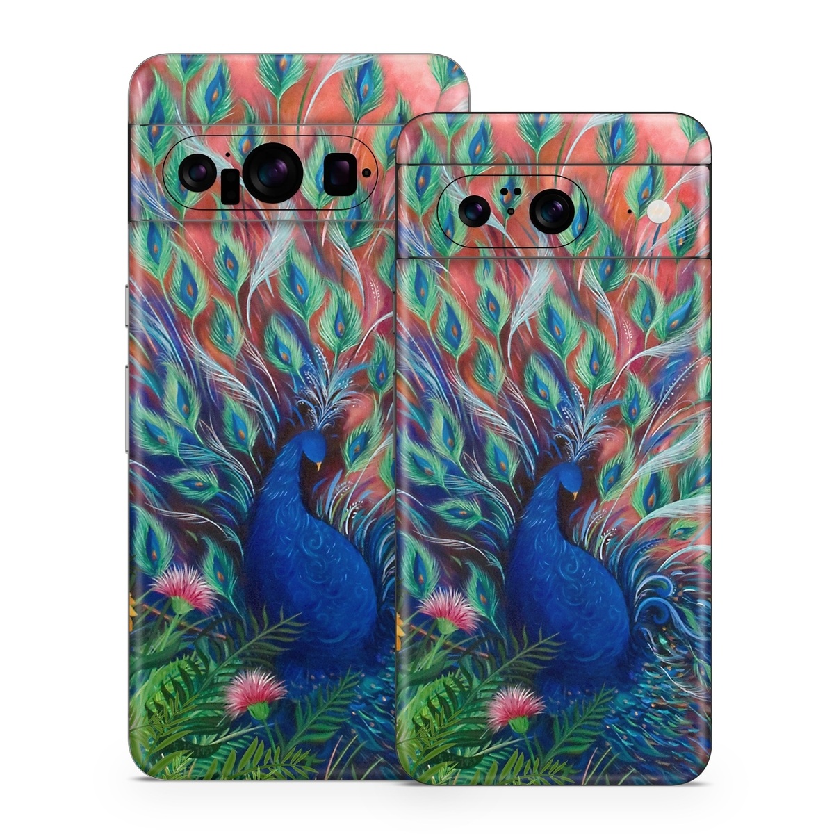 Google Pixel 8 Series Skin design of Painting, Acrylic paint, Bird, Child art, Art, Galliformes, Peafowl, Visual arts, Watercolor paint, Plant, with black, red, gray, blue, green colors