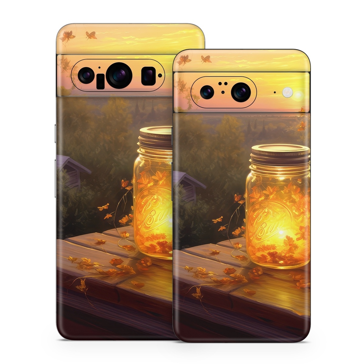 Google Pixel 8 Series Skin design of Sky, Plant, Amber, Candle, Wood, Orange, Sunlight, Cloud, Sunset, Heat, with yellow, orange, black, green, gray, red colors