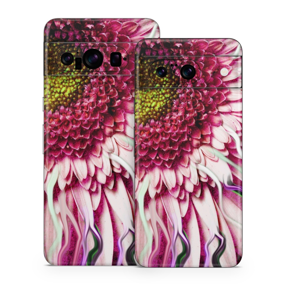 Google Pixel 8 Series Skin design of Flowering plant, Flower, Petal, Plant, Purple, Pink, Gazania, Violet, Gerbera, Chrysanths, with black, gray, red, purple, pink, white colors
