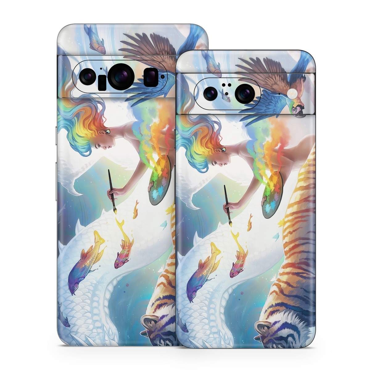 Google Pixel 8 Series Skin design of Siberian tiger, Bengal tiger, Vertebrate, Tiger, Felidae, Mammal, Water, Carnivore, Art, Painting, with blue, red, yellow, orange, green, purple, black, white colors