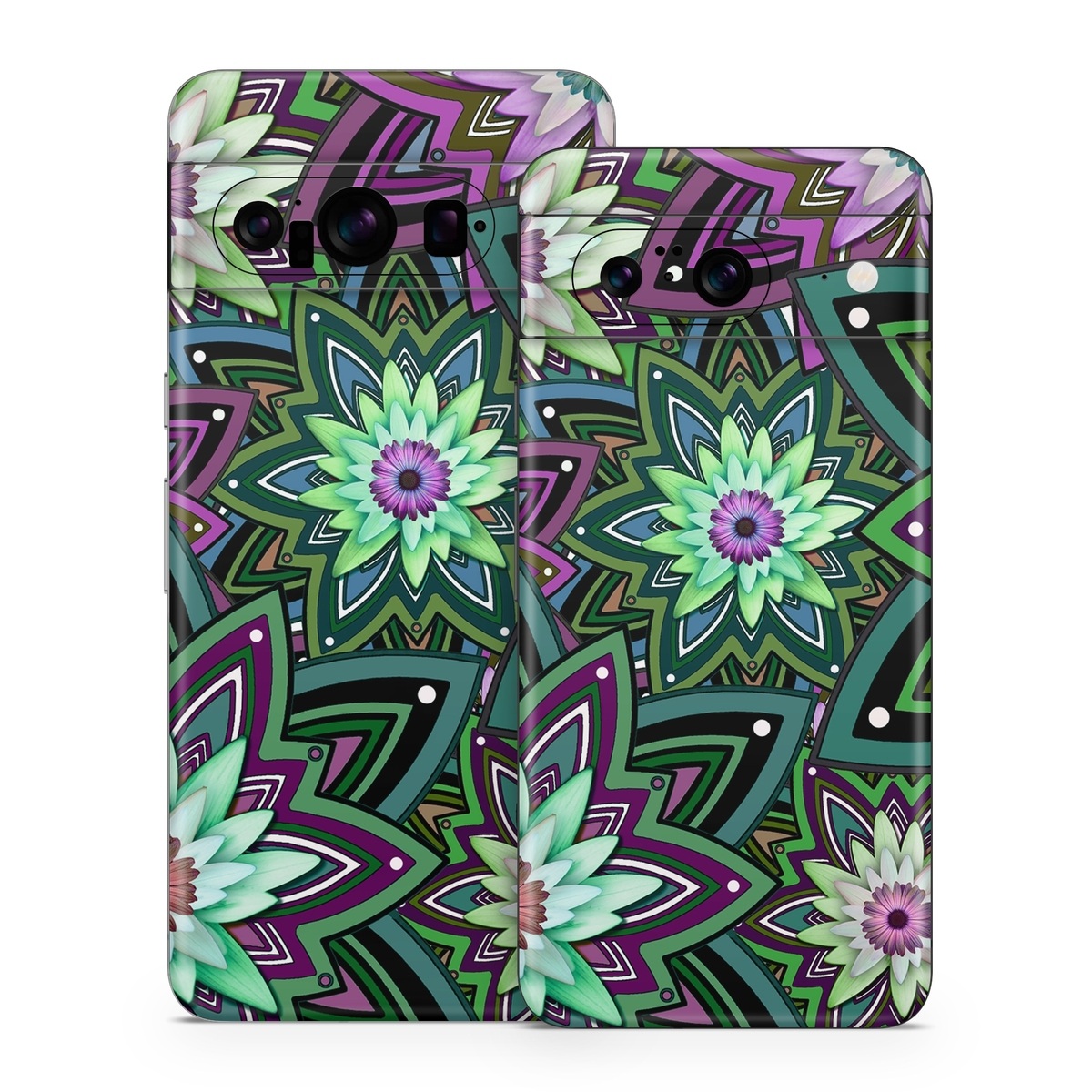 Google Pixel 8 Series Skin design of Pattern, Purple, Green, Flower, Psychedelic art, Design, Lilac, Plant, Symmetry, Visual arts, with black, gray, green, purple, blue, red colors