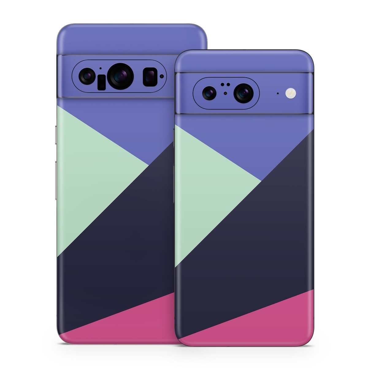 Google Pixel 8 Series Skin design of Purple, Violet, Line, Magenta, Graphic design, Triangle, Pattern, Design, Material property, Font, with black, blue, green, pink colors