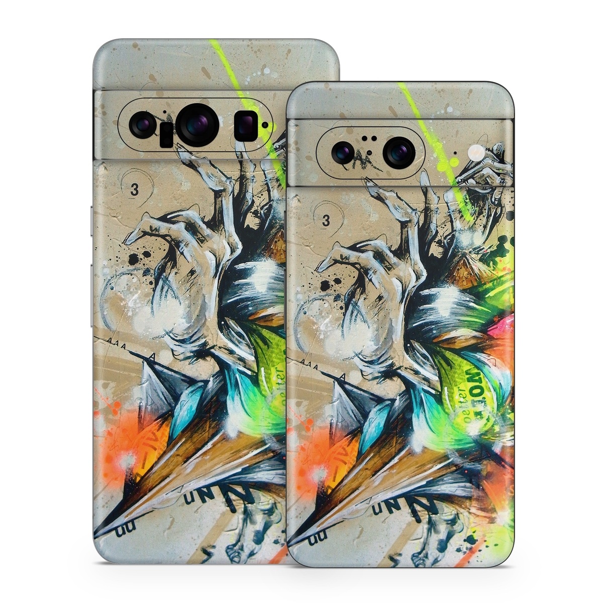 Google Pixel 8 Series Skin design of Graphic design, Art, Illustration, Fictional character, Visual arts, Graphics, Painting, Watercolor paint, Modern art, Games, with gray, black, green, red, orange, pink colors
