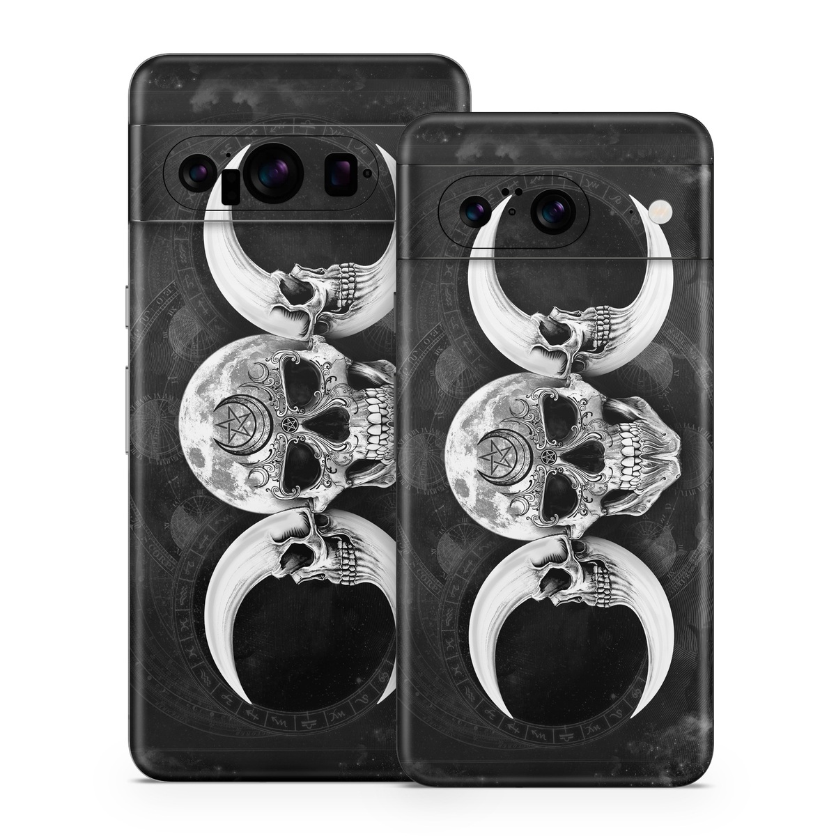Google Pixel 8 Series Skin design of Bone, Skull, Darkness, Monochrome, Black-and-white, Circle, Symmetry, Visual Arts, Illustration, Skeleton, Drawing, with black, white, gray colors