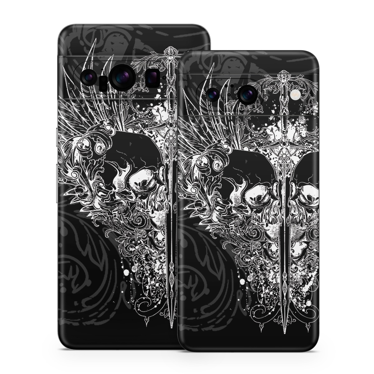 Google Pixel 8 Series Skin design of Illustration, Art, Design, Monochrome, Graphic design, Pattern, Fictional character, Skull, Black-and-white, Graphics, with black, gray colors