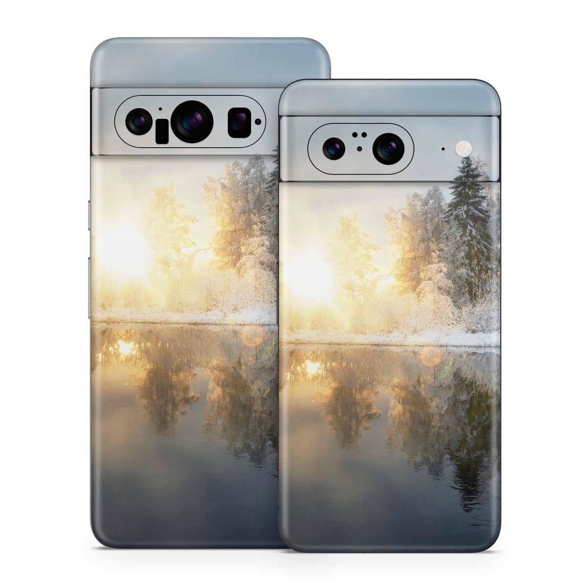 Google Pixel 8 Series Skin design of Cloud, Water, Sky, Water resources, Atmosphere, Plant, Natural landscape, Branch, Tree, Freezing, with blue, black, yellow, orange, white colors