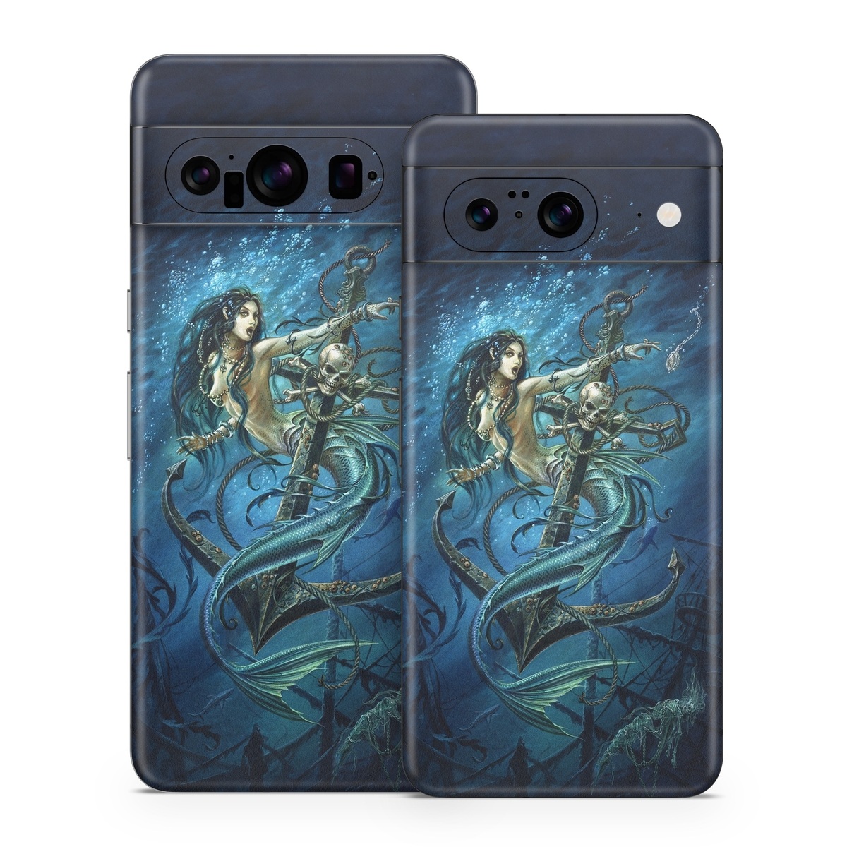 Google Pixel 8 Series Skin design of Mermaid, Cg artwork, Illustration, Fictional character, Art, Mythology, Mythical creature, Graphic design, with blue, green, white, black colors