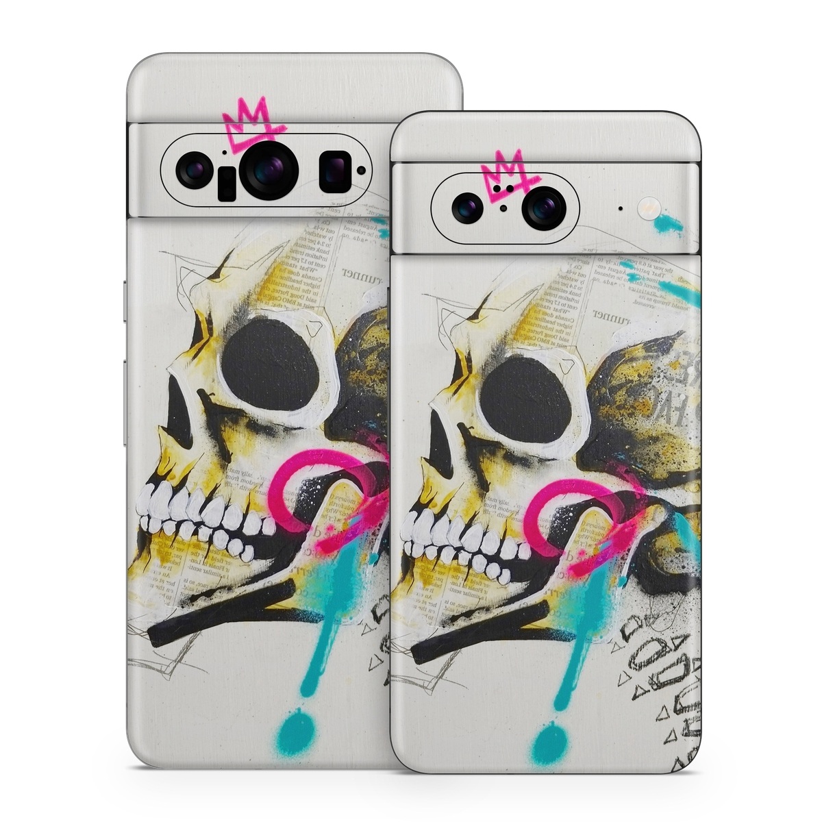 Google Pixel 8 Series Skin design of Graphic design, Skull, Illustration, Art, Bone, Drawing, Visual arts, Font, Modern art, Street art, with blue, pink, yellow, black colors