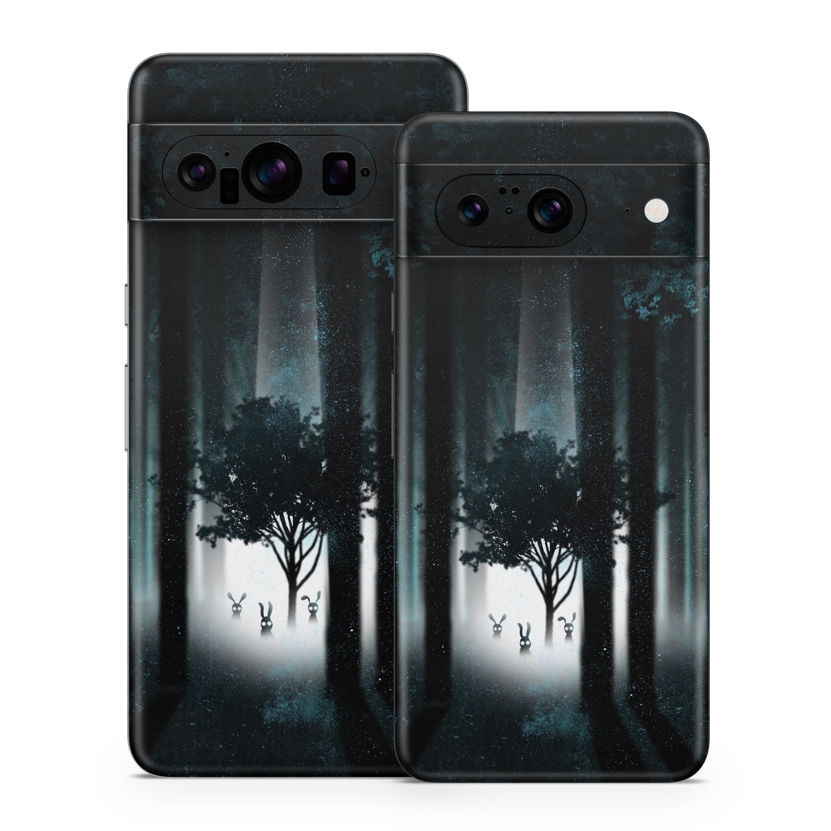 Google Pixel 8 Series Skin design of Darkness, Black, Nature, Tree, Natural environment, Forest, Atmosphere, Atmospheric phenomenon, Light, Natural landscape, with black, blue, white colors