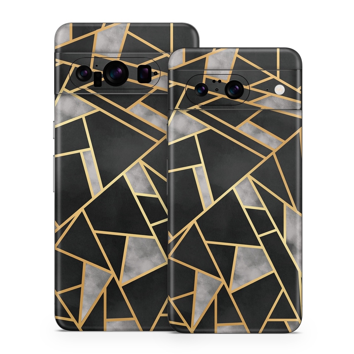 Google Pixel 8 Series Skin design of Pattern, Triangle, Yellow, Line, Tile, Floor, Design, Symmetry, Architecture, Flooring, with black, gray, yellow colors
