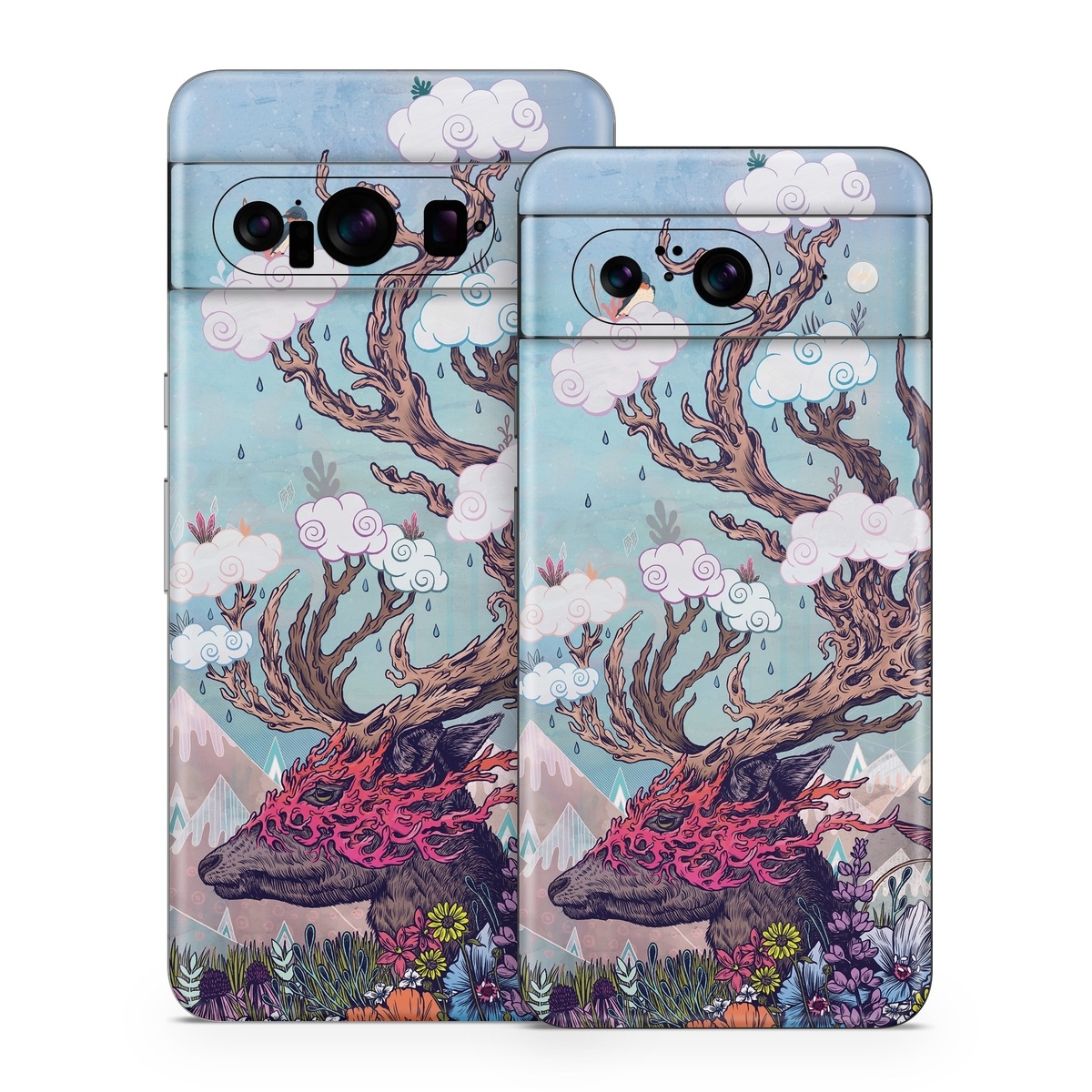 Google Pixel 8 Series Skin design of Illustration, Tree, Watercolor paint, Painting, Art, Plant, Acrylic paint, Fictional character, Flower, Blossom, with gray, black, red, purple, blue colors