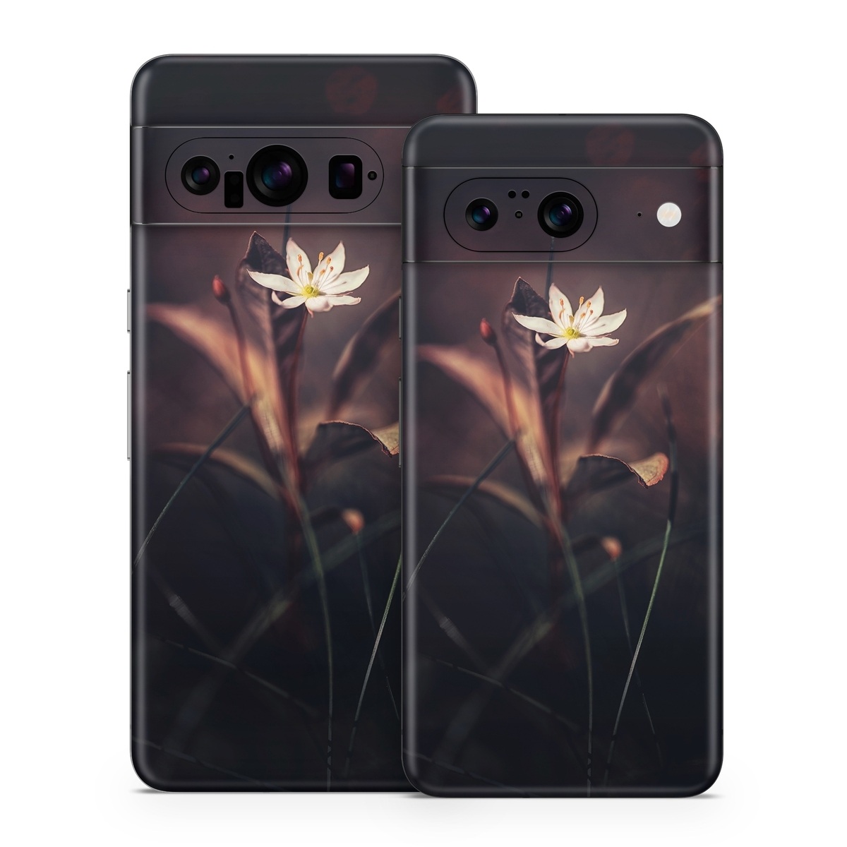 Google Pixel 8 Series Skin design of Flower, Yellow, Light, Plant, Sky, Still life photography, Wildflower, Petal, Darkness, Spring, with black, red colors
