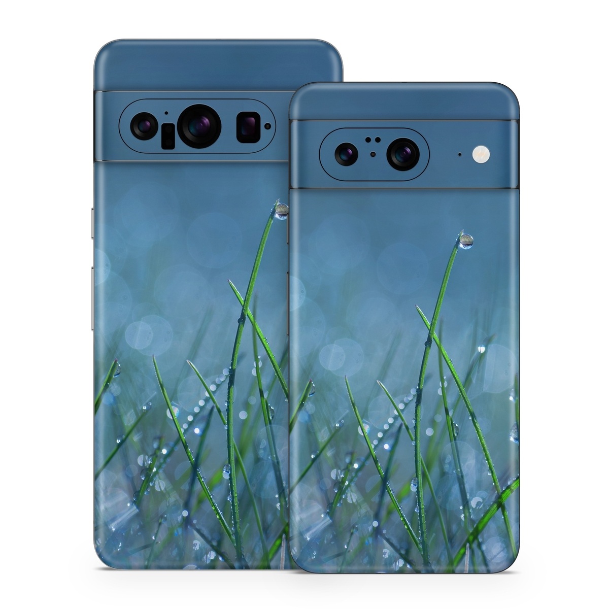 Google Pixel 8 Series Skin design of Moisture, Dew, Water, Green, Grass, Plant, Drop, Grass family, Macro photography, Close-up, with blue, black, green, gray colors