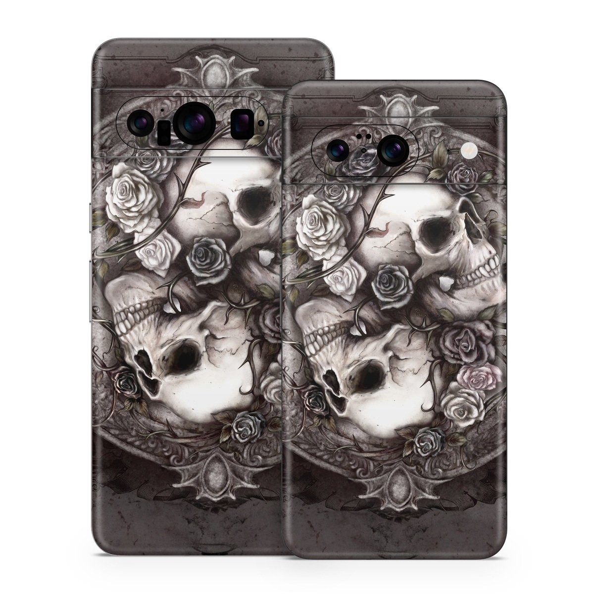Google Pixel 8 Series Skin design of Skull, Bone, Illustration, Font, Still life photography, Photography, Still life, Art, Monochrome, Circle, with black, white, brown, pink colors