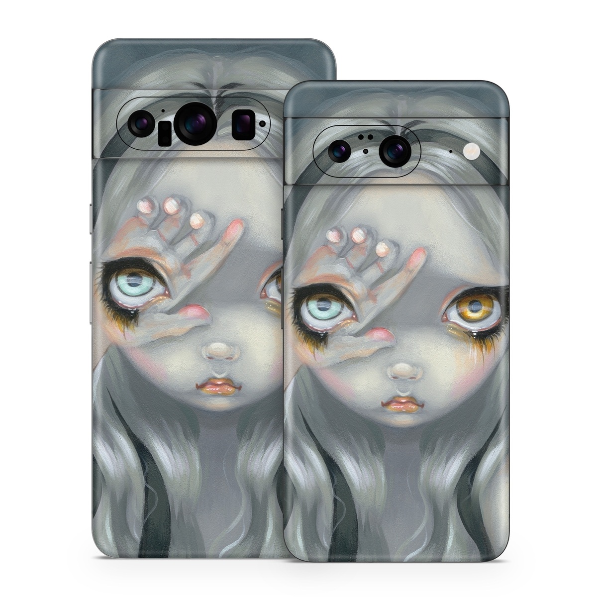 Google Pixel 8 Series Skin design of Face, Head, Cg artwork, Eye, Illustration, Organ, Fictional character, Art, Iris, Darkness, with black, gray, blue, green colors