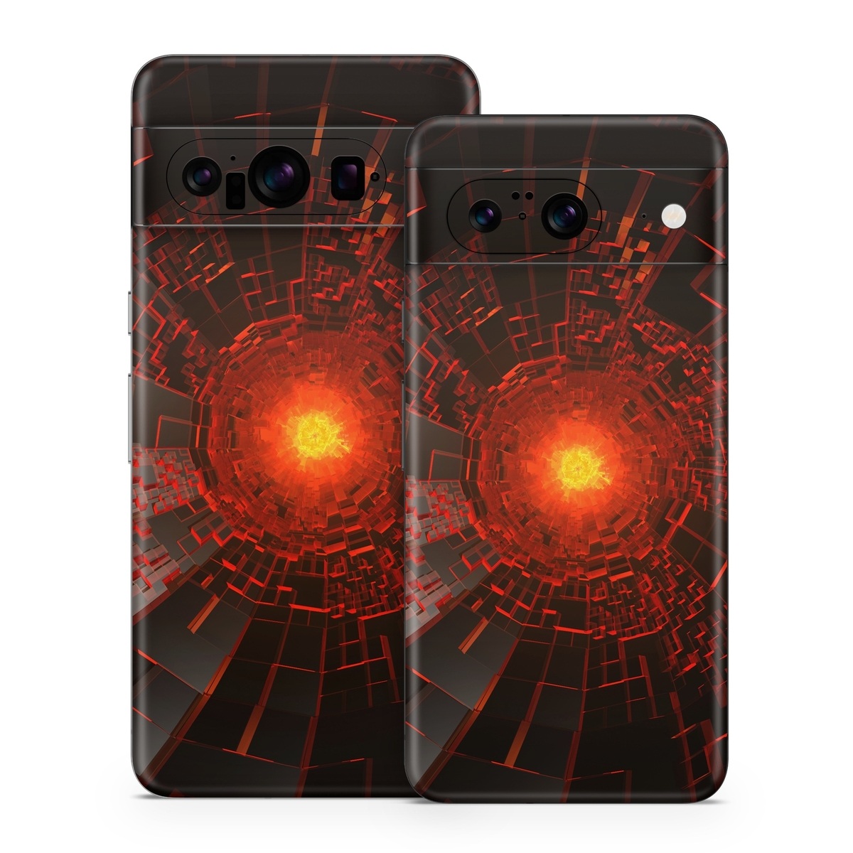 Google Pixel 8 Series Skin design of Red, Fractal art, Light, Circle, Design, Art, Graphics, Symmetry, Pattern, Space, with black, red colors