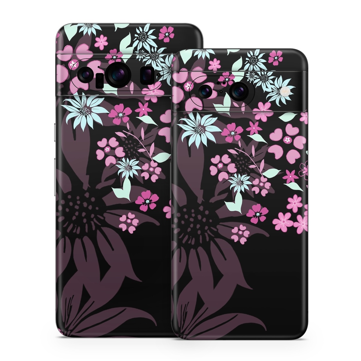 Google Pixel 8 Series Skin design of Pink, Pattern, Flower, Plant, Botany, Petal, Floral design, Design, Pedicel, Graphic design, with black, gray, purple, green, red, pink colors