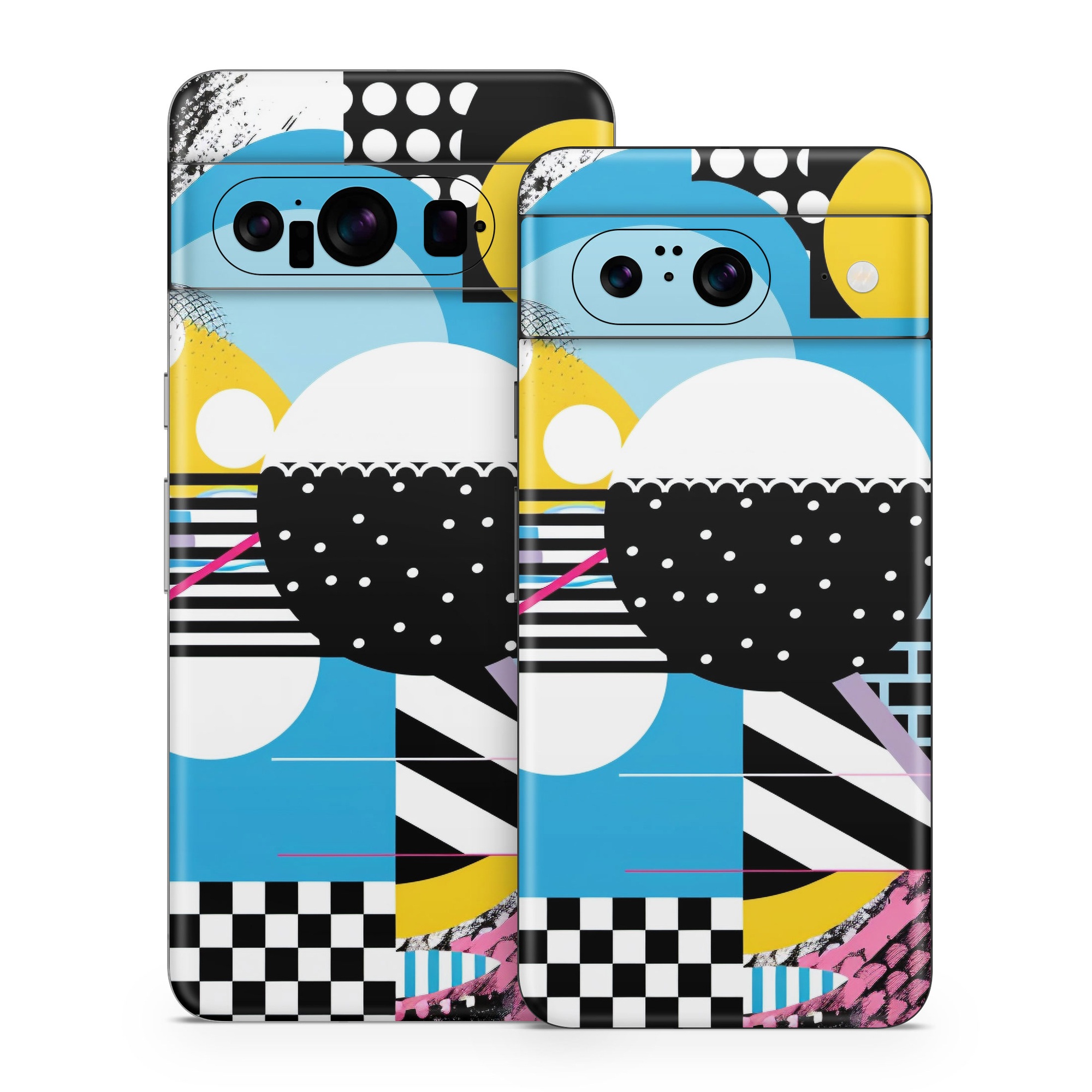 Google Pixel 8 Series Skin design of White, Yellow, Art, Font, Pattern, Circle, Design, Creative arts, Graphics, Electric blue, with blue, pink, white, black, yellow colors