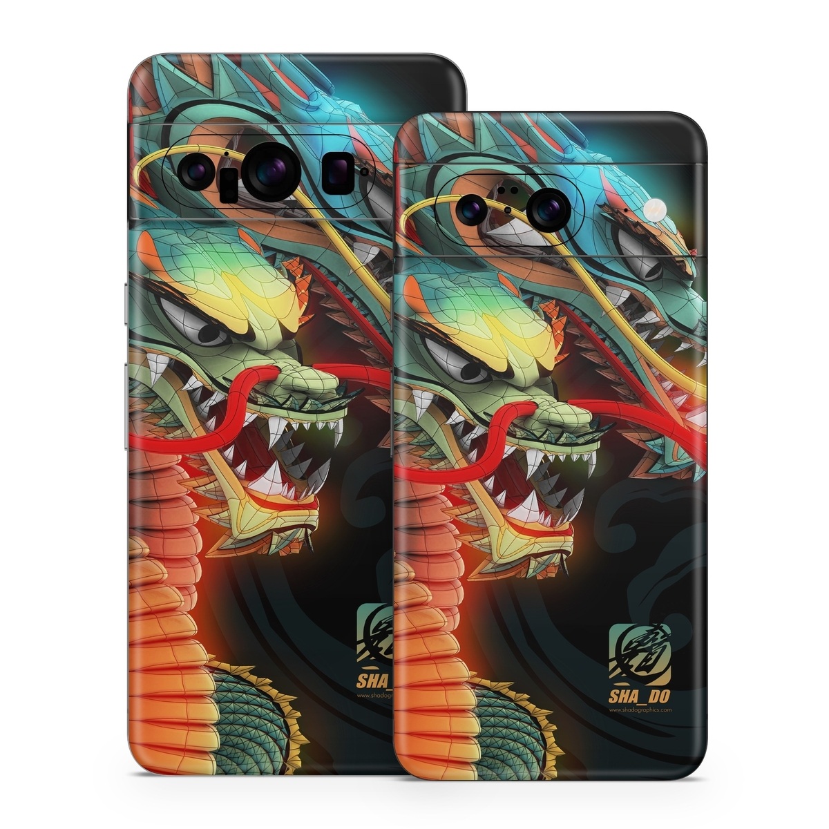 Google Pixel 8 Series Skin design of Dragon, Fictional character, Illustration, Art, Cg artwork, Fiction, Mythical creature, Graphics, with black, green, red, yellow, orange colors