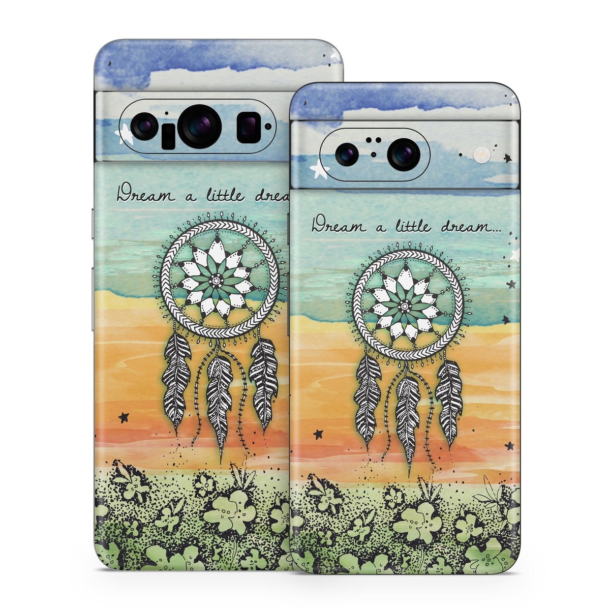 Google Pixel 8 Series Skin design of Text, Sky, Font, Illustration, Plant, Art, Wildflower, sunflower, Graphics, with blue, green, yellow, orange, black colors