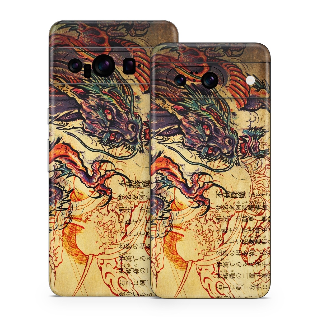 Google Pixel 8 Series Skin design of Illustration, Fictional character, Art, Demon, Drawing, Visual arts, Dragon, Supernatural creature, Mythical creature, Mythology, with black, green, red, gray, pink, orange colors